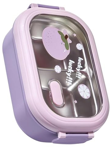 HERCHR Contenedor de alimentos de 2 compartimentos a prueba de fugas, dibujos animados de lonchera de acero inoxidable dividida con tapa para la escuela y la oficina (Violet)