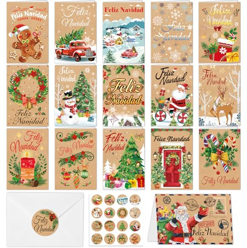 HOWAF 16 Tarjetas Navidad en Español con Sobres y Pegatinas, Tarjetas Navideñas Postales Postales, Ideas Regalos para Navidad y Año Nuevo