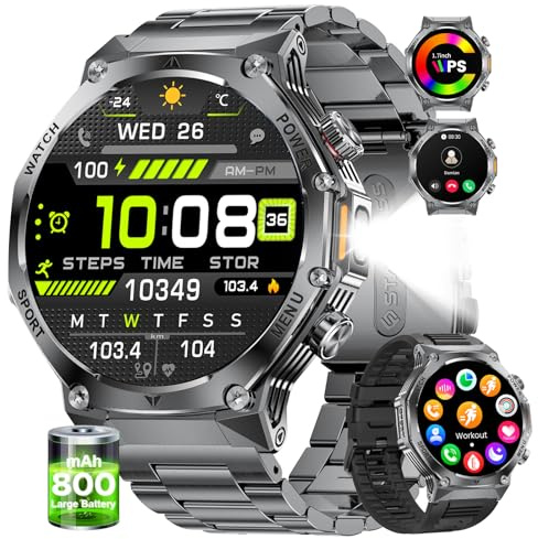 SUNKTA Smartwatch Herren Militär, 800mAh Akku/LED Taschenlampe,1.75 HD Display Uhr mit Telefonfunktion,IP68 Wasserdicht/111 Sportmodi/Schlaf, Sportuhr Herren für Android iOS,2 Bänders