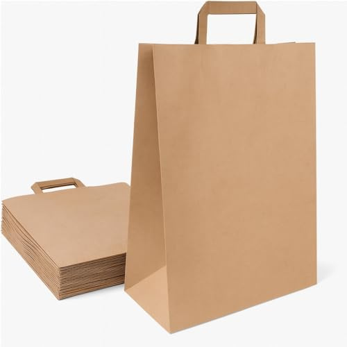 Commerline Papiertragetaschen 32+16x44 cm 250 Stück | Braun Papiertüten | Kraftpapier Tüten Kraftpapier Tüten mit Henkel | Geschenktüten, Papiertaschen, Papiertüte | Groß