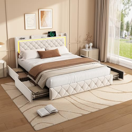 KOOPMAD Schubladenbett 140x190, Bett mit Bettkasten, Polsterbett mit Stauraum, Doppelbett mit LED und USB, Jugendbett 140x190, Stauraumbett mit 4 Schubladen, Bettgestell, Samt, Beige, Ohne Matratze