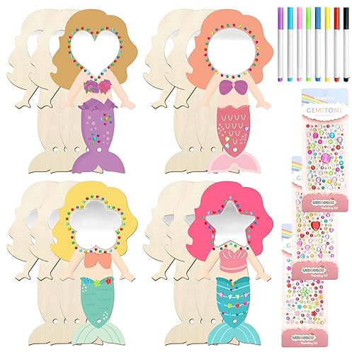TOPJOWGA Meerjungfrau Basteln, 23PCS DIY Holzspiegel Handwerk für Kinder, Mini Holz Meerjungfrau Spiegel, Holzspiegel zum Basteln, Holzspiegel zum Bemalen für DIY Kinder Malen