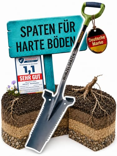 halmland® Profi Wurzelspaten mit Spezialspitze auch für Harte Böden - durchtrennt Wurzeln | Spaten mit Wurzelsäge | robuster Spaten Garten aus Carbonstahl & Fiberglas | Schaufel für Gartenarbeit