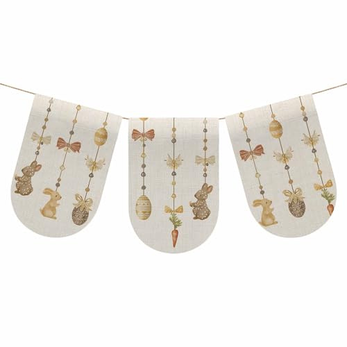 Easter Banner Flags, 7.9x11.8in, 3 Pieces, Decorative Chain with Rabbits Eggs Bow Carrot Linen Bunting Banner Easter Party Decorations Rope Pennant Hanging Flags for Fireplace, Wall, Door, Window