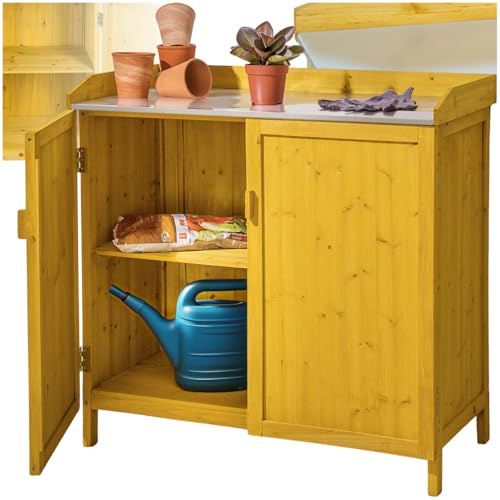 tectake® Garden Cabinet with 2 Storage Compartments, Potting Bench in Durable Pinewood with Galvanised Steel Worktop, Versatile Garden Storage Cupboard for Potting, Greenhouse, Tools - 98 x 48 x 95 cm