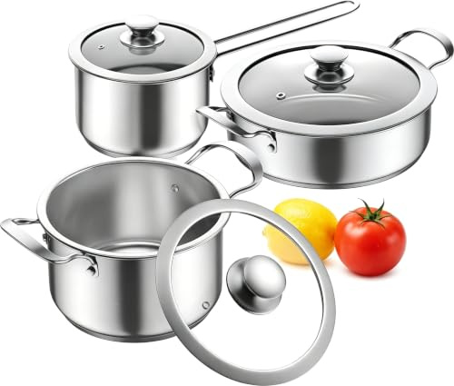 Stainless Steel Pan Set, 6-Piece Tri-Ply Base Induction Pots and Pans Set