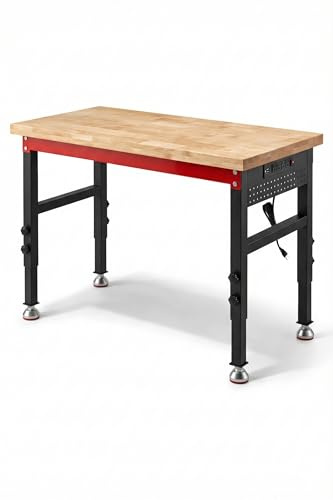 VekMax 48 Heavy Duty Workbench, 2500 LBS Load Capacity Work Bench with 1.2 Laminated Oak Wood Top & Reinforced Steel Frame, Adjustable Height Work Table for Garage, Workshop, Office, Home (Feet)