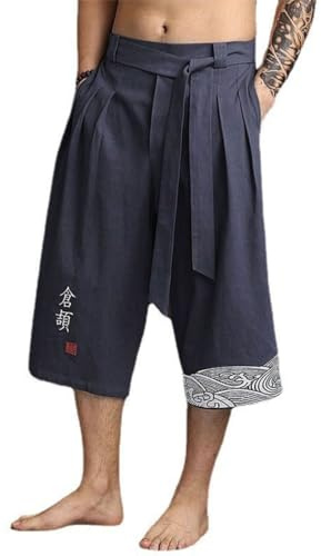 Daikascbny Pantalon Japonais Homme 3/4 Baggy Pantalon Court Taro pour Hommes en Lin Vêtements Kimonos Traditionnels Japonais avec Cordon de Serrage Pantacourt Décontracté Ample Style