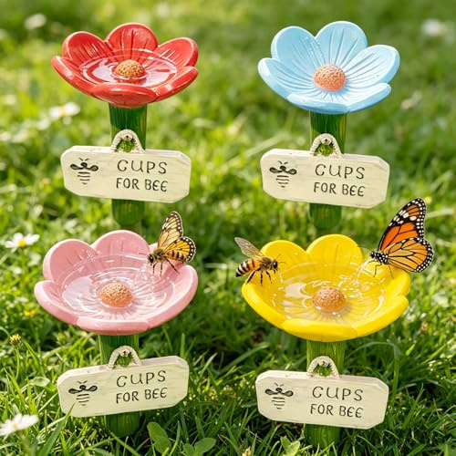 Lansls 4er Set Bienentränke Aus Keramik, Blumenförmige Insektentränke Für Den Garten, Sichere Wasserstation Für Bienen, Schmetterlinge & Bestäuber, Ideal Für Garten, Terrasse & Balkon Dekoration (4)