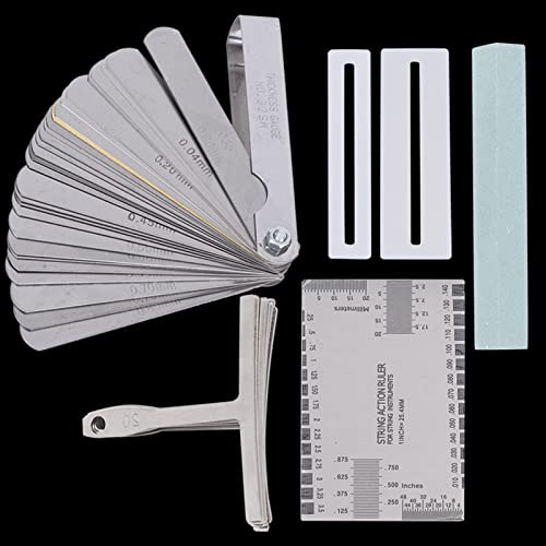 Cuifati Juego de Herramientas para Guitarra con Regla de Acción de Cuerda, Calibre de Radio de Lijadora, Protectores de Diapasón para bajo Eléctrico, Kit de Mantenimiento de Configuración de