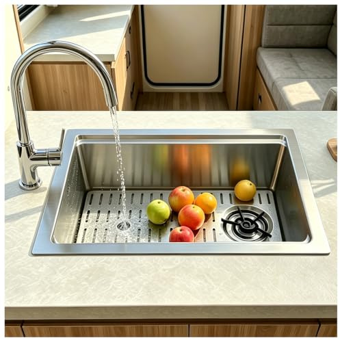 JUNFUNNLE Kitchen Sink, Stainless Steel Large Basin, 1 Basin, Built-in Sink, Kitchen Sink with Stainless Steel Grid, Draining Rack, Drain Fitting and Overflow Kit (Silver-G, YINSEG-48 cm)