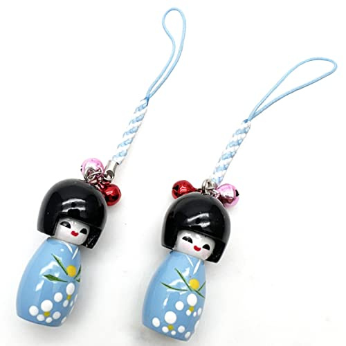 XMHF Handgefertigter japanischer Kimono, Kokeshi-Puppen-Anhänger, aus Holz, für Handy, 2 Stück