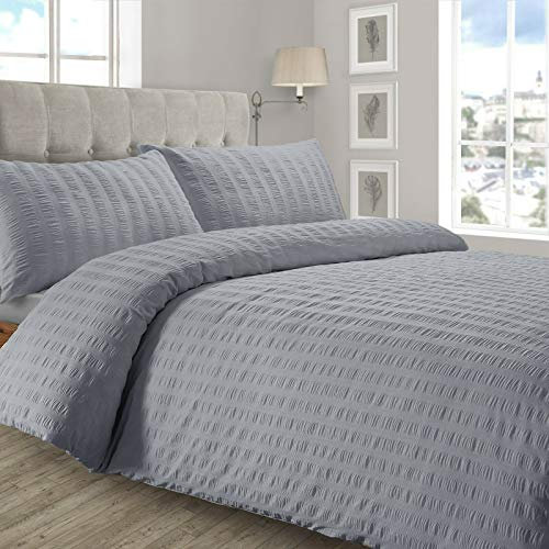 IHIdirect Seersucker Crinkle Textured Duvet Cover & Pillowcase Bedding Set Pink or Grey (Grey, Single Bed)