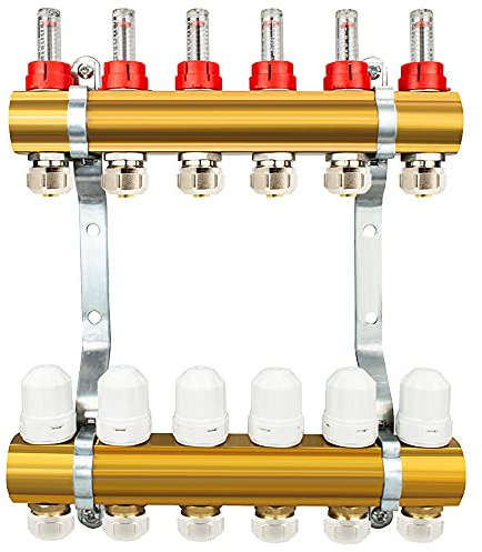 Messing Heizkreisverteiler 2-12 fach Fußbodenheizung Verteiler Heizkreise Adapter PEX (6 Heizkreise)