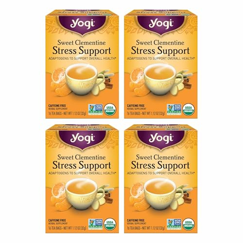 Yogi Tea Sweet Clementine Stress Support - 16 Bags per Pack (4 Packs) - Stress Support Herbal Tea - Calming Adaptogen Tea - Includes Ashwagandha Root, Lemongrass, Cinnamon Bark & More