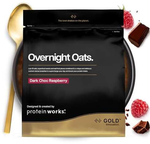 Protein Works | Overnight Oats - Gold Innovation, High Protein Breakfast, Chia & Flax Seed, Supports Healthy Weight Loss, Low Sugar, Dark Choc Raspberry, 14 Servings, 1kg