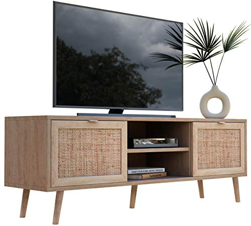Newfurn TV Board Sonoma Eiche Rattan Optik TV Schrank Wohnzimmer | grifflos mit Griffmulden, 2 Türen, offenes Mittelfach, Lowboard stehend, Boho Möbel skandinavisch, für Fernseher