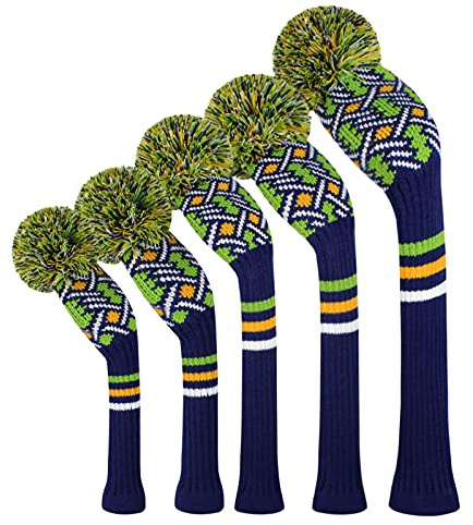 Golf Head Covers for Woods 5 PCS Knit Golf Club Cover Driver Cover*1 Fairway Wood*2 Hybrid (UT)*2 Stain Resistant&Washable, with Fluffy Pom Poms (Blue Green)
