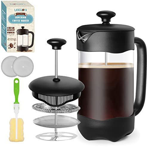 LEEGOHI French Press Coffee Maker- Coffee Press for Filtering Coffee, Tea, Cafetiere with Heat Resistant Borosilicate Glass and Stainless Steel Filter System, 34 OZ/1000ML Black Frosted Coffee Pot