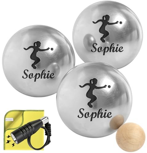 KDO MAGIC - Boule de pétanque personnalisée - Triplette 550g gravée - Pétanque Personnalisable - Lot de 3 Boules et 1 cochonnet - Idée Cadeau fête des pères (Modèle Joueuse)
