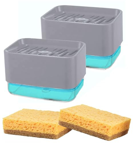 GUSTO 2 Pezzi Dispenser di Sapone Liquido Detersivo Piatti Distributore Manuale Erogatore in Plastica Supporto con Spugna Inclusa per Lavello Cucina (2 pcs - New Grey)