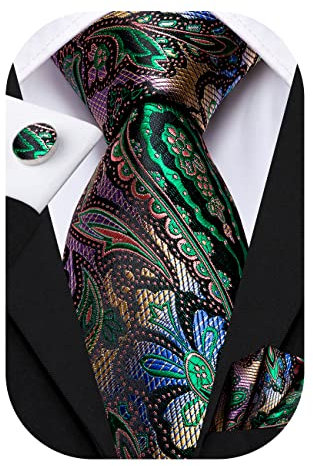 Hi-Tie Herren Krawatte Schwarz Paisley/Plaid/Streifen/Einfarbig Krawatten Set Einstecktuch Manschettenknöpfe Business Formal Hochzeit Meeting Geschenkbox,einzigartiges grünes Paisley