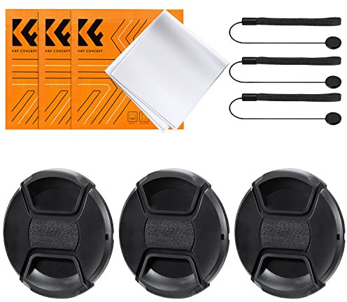 K&F Concept 55mm Lens Cap 3 Pack Snap-on Front Camera Lens Cover + Elastic Lens Cap Keeper + 3 Cleaning Cloth compatible with Canon Sony