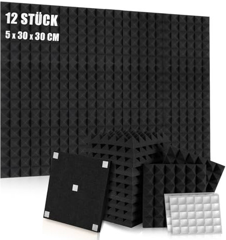 Akustikschaumstoff 12 Stück Schallschutzmatte 30 x 30 x 5 cm, Flammhemmendem Material Schallabsorber Schaumstoff für Aufnahmestudios,Gaming,Büros Schalldämmung (Schwarz)