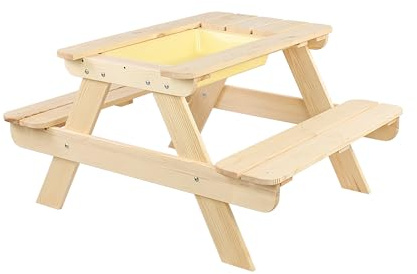 MODO24 Picknicktisch Mit Bank Kindersitzgarnitur Kindertisch Gartentisch Holz Set SPD mit Sandkaste Matschküche Farben (HxBxT: 52x100x80 cm) (Natur)