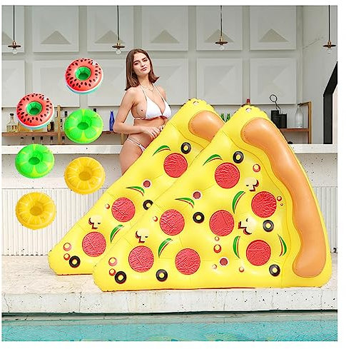 Fun Pool Floats, Pizza Large Pool Float, With 3/6 Pack Inflatable Drink Holders Pizza Floatie For Kids And Adults,2PCS