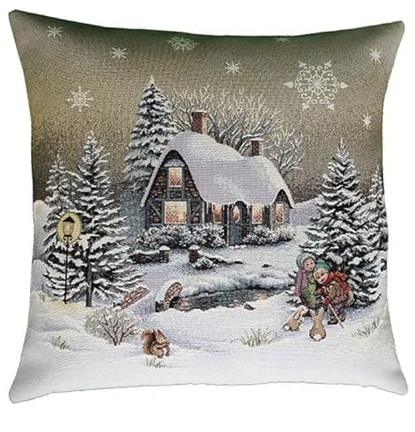 Raebel OHG Kissenhülle Kissenbezug Dekokissen 45 x 45 cm Weihnachten Gobelin Winterdorf beige braun Töne Baumwollmischung