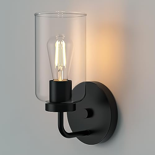 Zevluck 1-Light Wall Sconce, Modern Wall Light Fixtures with Clear Glass Shade, Matte Black Bathroom Vanity Light, Hardwired Vanity Wall Lamps for Bathroom, Bedroom, Living Room, Stairs, Hallway