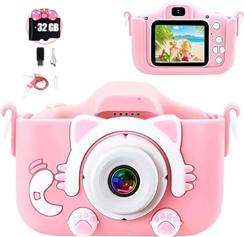 Rawrr Digitalkamera Kinder 2,0 Zoll Bildschirm HD Dual Lens Digitale Videokameras mit weicher Cartoon Silikonhülle,Kinder Kamera Selfie Fotoapparat Kinder ab 4 5 6 7 8 Jahre(Rosa)