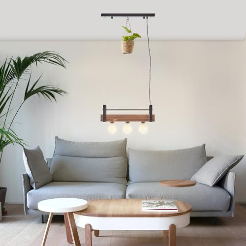 Lightbox Balken Hängelampe im Landhaus Stil - 107 x 50 x 18 cm - Nature Pendelleuchte mit Holz Balken & kürzbarem Kabel - 3 x E27, max. 28 W - aus Metall/Holz - in Stahl Schwarz/Braun
