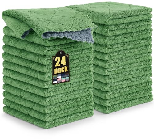 Mordimy 24 Pack Kitchen Cloths Dish Towels (10 x 10, Dark Grey & Grass Green), Super Soft and Absorbent Dish Cloths, Coral Velvet Microfiber Cleaning Cloth, Nonstick Oil Fast Dry Dishcloths