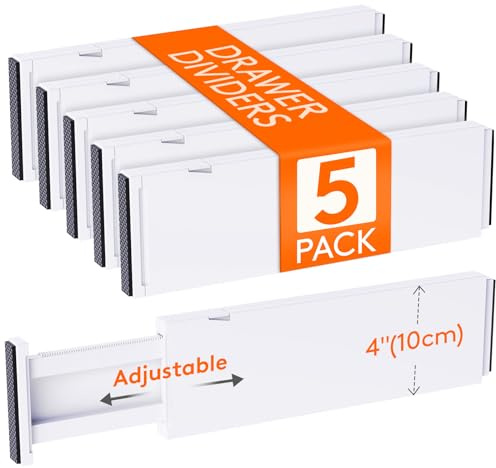 Lifewit 5-pack lådavdelare i plast 10 cm höga, 34,3-55,9 cm justerbar lådorganisering för kläder, utdragbar lådorganisering för kläder i sovrum/badrum/kök/kontor Sortering och förvaring | Plastlådor organisationssystem för kök garderob skrivbord byrå kontor, flexibel, halkfri, vit