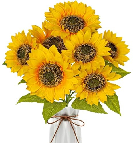 Cassarina Ramo de girasoles artificiales de 17 pulgadas, tamaño grande, 7 cabezas, girasol de seda falsa con tallos, arreglo para boda, novia, baby shower, decoración de centros de mesa, color