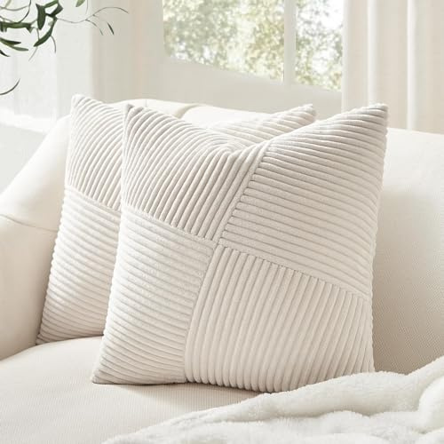 Topfinel Housse Coussin Blanc Crème 60x60 en Velours Côtelé Super Doux Housse Coussin Canapé Motif à Rayures Patchwork Decoration Maison Salon Chambre pour Canapé Lot de 2