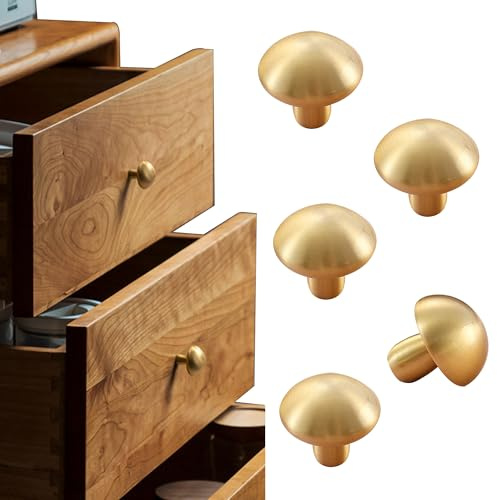 Flybath Möbelknöpfe in Pilzform Massiv Messing Gebürstete Gold Optik für Schubladen und Schranktüren - 5er Set