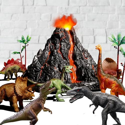 TOYSXYIN Grande set di vulcano con 9 action figure realistiche di dinosauro per bambini 2 3 4 5 6 8 10 anni, eruzioni vulcaniche simulate con suoni, vulcano può contenere dinosauri, regalo per bambini