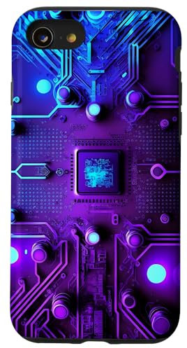 Carte mère Microchip Violet Bleu IT Fond d'ordinateur Coque pour iPhone SE (2020) / 7 / 8