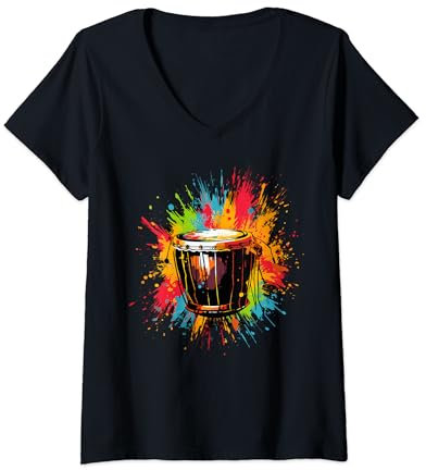 Damen Djembe-Instrument auf bunt bemalter Djembe T-Shirt mit V-Ausschnitt