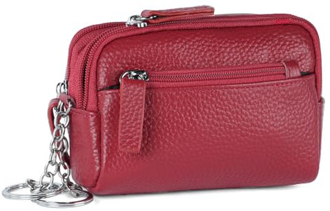 Aucuu Schlüsseletui Leder Damen und Herren, Schlüsseltasche Echt-Leder, 2 Fächer mit Reißverschluss, Schlüsselmäppchen für Schlüssel Autoschlüssel, Rot