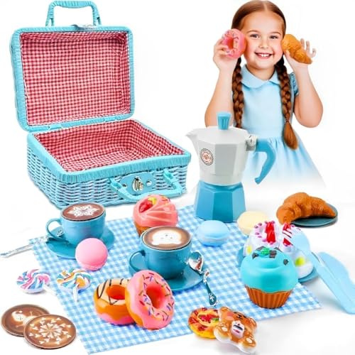 Kids Tea Picnic Toy with Woven Basket,Pretend Role Play Toy,Play Food Sets for Children,Mini Afternoon Tea Party Set,Gifts Presents for 3-12 Years Toddler Girls & Boys Children (Blue)