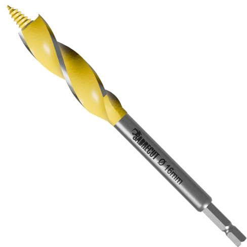 1 x SabreCut SCAG016 16mm x 165mm Wood Auger Quad Flute Self Feed Tip Grooved Hex Shank Drill Bit for High Speed Drilling in Wood and MDF