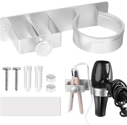 QINLECTRI Haartrocknerhalter für Haartrockner und Glätteisen, Edelstahl Haartrocknerhalter Wandmontage Halter Selbstklebend Haartrocknerhalter, Ohne Bohren, Silber