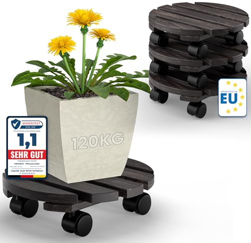 Oramics 4 Stück Pflanzenroller Rund aus Massivholz in Schwarz – Ø30 x 8 cm bis 120 KG belastbar – Rollbrett für Pflanzen, Blumentöpfe und Blumenkübel – Blumentopf Untersetzer mit 4 Rollen