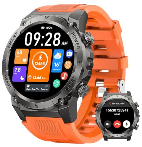 NAIXUES 2025 Reloj Inteligente Hombre, 1.46 Militar Smartwatch con Llamadas Bluetooth, 500mAh 110+ Modos Deportivos Pulsera Actividad, 24/7 Pulsómetro/SpO2/Sueño/Podómetro, IP68 Impermeable, Naranja