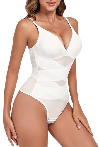 Tuopuda Body Contenitivo Modellante Donna, Bodysuit Shaper Perizoma Guaina Contenitiva Shapewear Intimo Snellente Pancia Piatta Dimagrante Shaping con Reggiseno Sheer Mesh Fajas, Bianca, XL