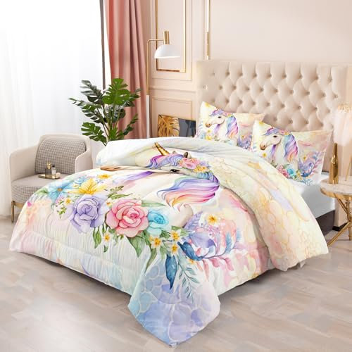 Bettdecke 140X200 Gelb Lila Einhorn Drucken Steppdecke 200Gsm,Dünne Und Leichte Bettdecken,4 Jahreszeiten Bettdecken 140X200,Weiche Mikrofaser Bettdecke Mit 2 Kissenbezüge,Warm Steppbettdecke